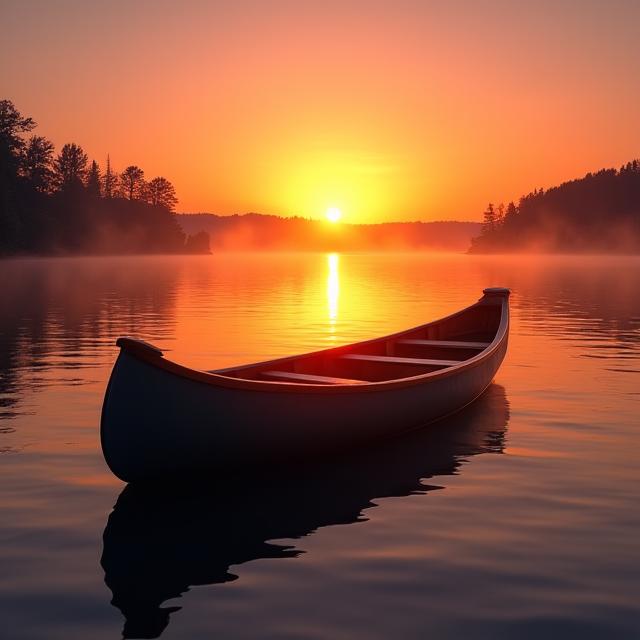 A classic canoe on a lake during a Muskoka sunset
