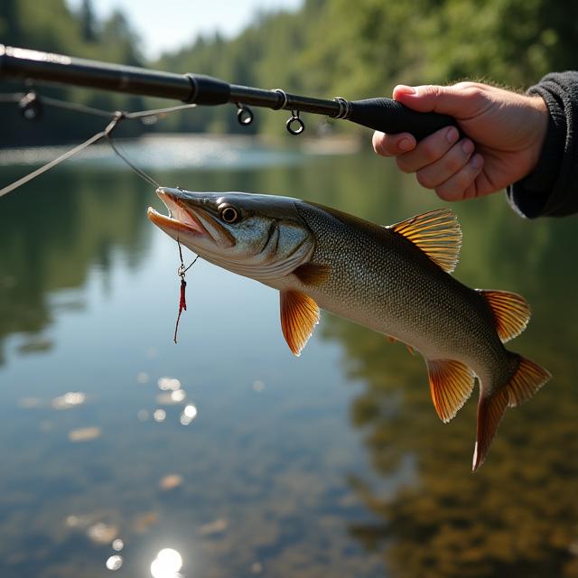 A fishing rod bending with a caught Northern Pike