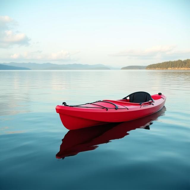 Red kayak on the calm waters of Lake Ontario
