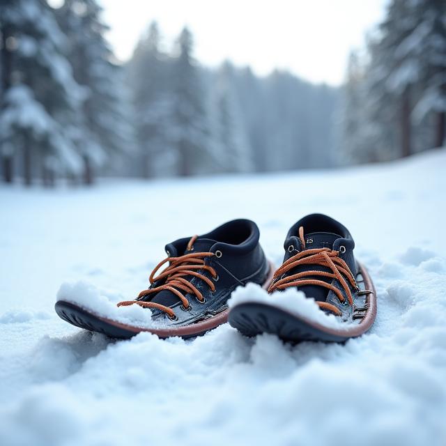 A pair of modern snowshoes on top of deep, fresh snow