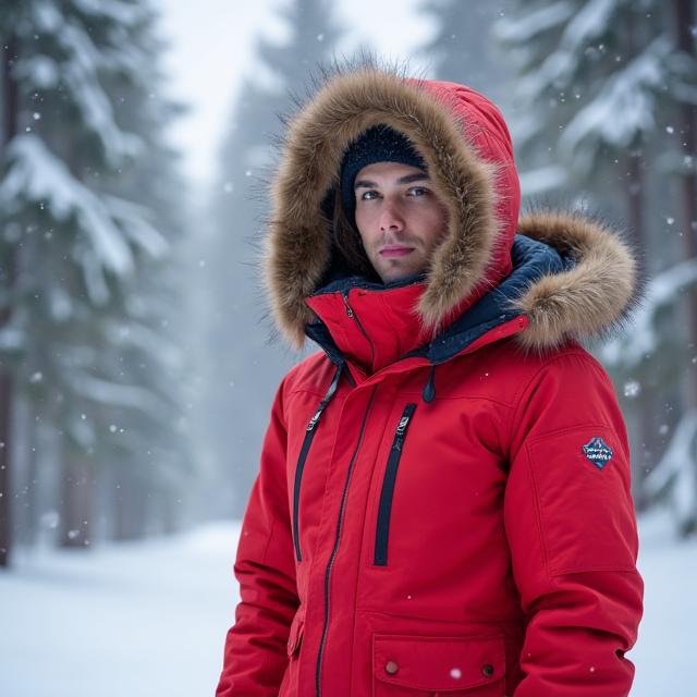 Person wearing a heavy-duty winter parka in a snowy forest